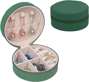 RT&BS Small Travel Jewelry Case, Round Mini Travel Jewelry Box for Rings Earrings Necklaces, Gifts for Women Girls (Blackish green)