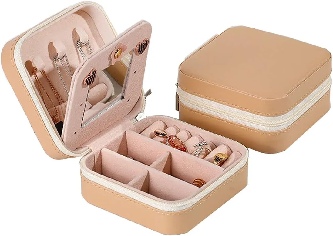 RT&BS Travel Jewelry Case with Mirror, Jewelry Box for Rings Earrings Necklaces, Gifts for Women Girls (Khaki)