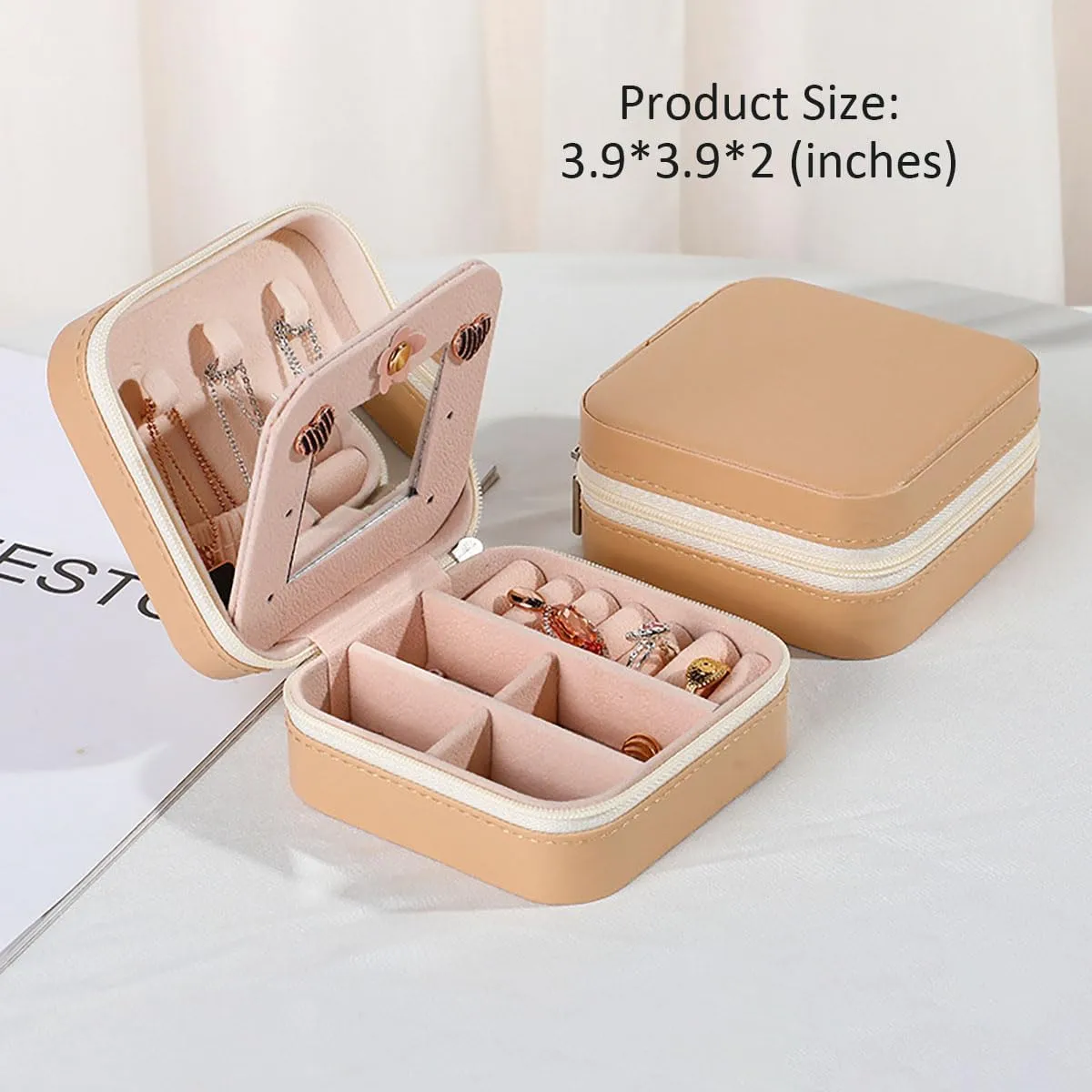 RT&BS Travel Jewelry Case with Mirror, Jewelry Box for Rings Earrings Necklaces, Gifts for Women Girls (Khaki)