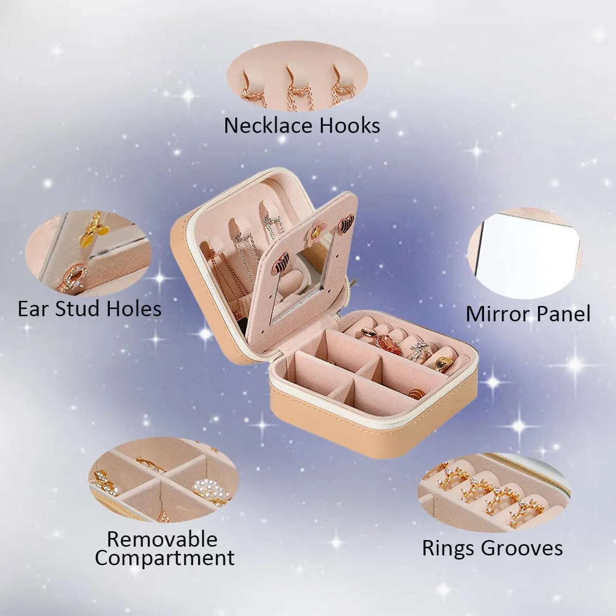 RT&BS Travel Jewelry Case with Mirror, Jewelry Box for Rings Earrings Necklaces, Gifts for Women Girls (Khaki)