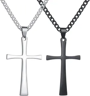 S2 Simple Stainless Steel Necklaces with Cross for Men Women Silver and Black Cross Pendant with Figaro Chain