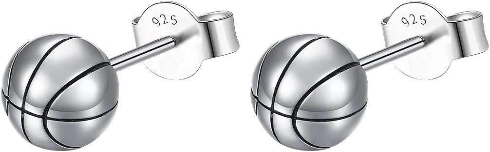 S925 Sterling Silver Basketball Baseball Football Rugby Softball Volleyball Ball Stud Earrings for Women Men