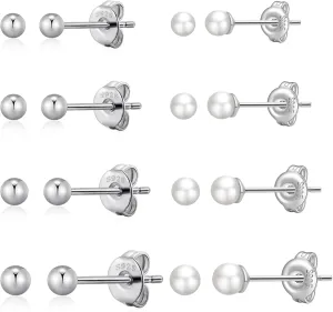 S925 Sterling Silver Stud Earrings for Women Men Small Stud Earrings Set for Multiple Piercing Hypoallergenic Ball Cubic Zirconia Stud Pearl Earrings for women 3/4/5/6/7mm Stackable Studs Women Gift