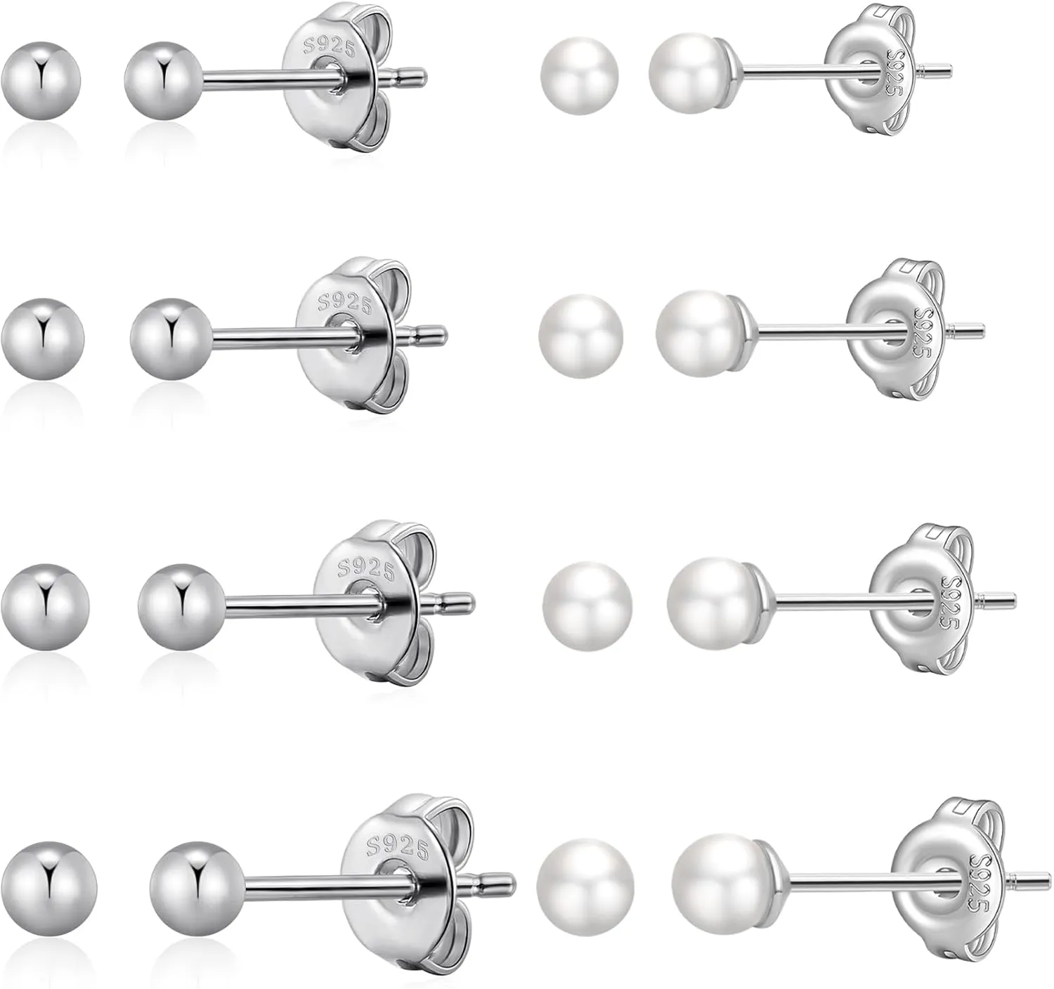 S925 Sterling Silver Stud Earrings for Women Men Small Stud Earrings Set for Multiple Piercing Hypoallergenic Ball Cubic Zirconia Stud Pearl Earrings for women 3/4/5/6/7mm Stackable Studs Women Gift