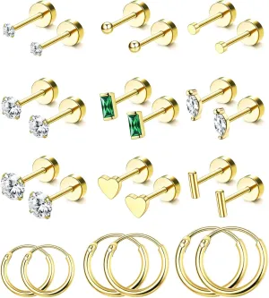 SAILIMUE 14K Gold Plated Flat Back Stud Earrings for Women | Hypoallergenic Surgical Stainless Steel Earrings | Screw Back Earrings Sets for Multiple Piercing | Small Cartilage Earring Studs
