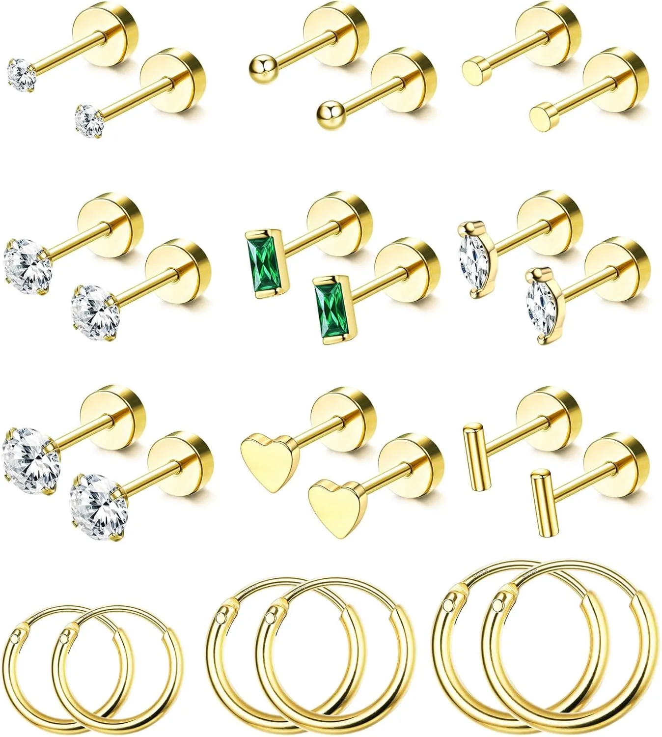 SAILIMUE 14K Gold Plated Flat Back Stud Earrings for Women | Hypoallergenic Surgical Stainless Steel Earrings | Screw Back Earrings Sets for Multiple Piercing | Small Cartilage Earring Studs