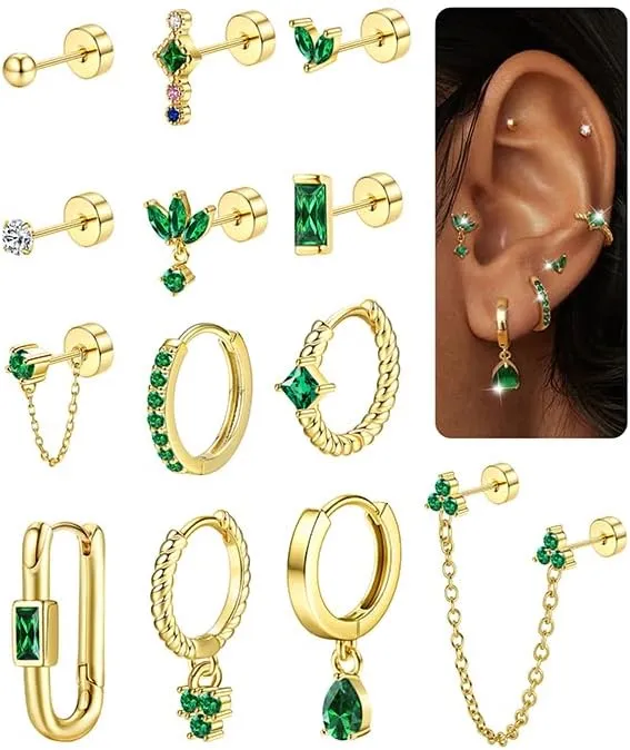 Sanfenly Stud Earrings Small Gold Hoop Earrings Set for Women Flat Back Earring Hypoallergenic Cartilage Earring Lightweight Dainty 14K Gold Stud Earrings for Multiple Piercing Set