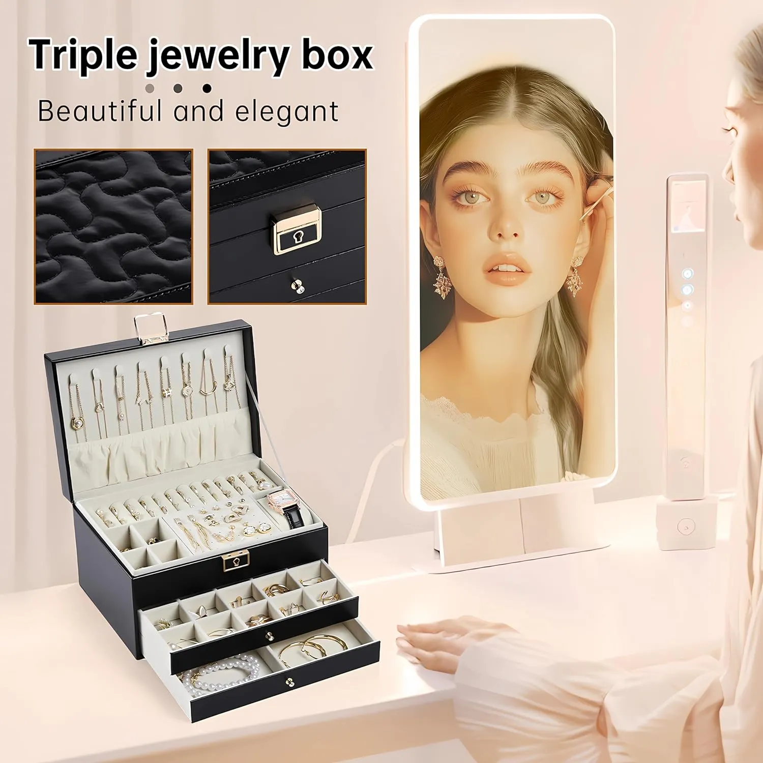 SANNI Jewelry Box for Women,Jewelry Organizer with 3-Layer Jewelry Storage Drawers for Necklaces Rings Earrings Bracelets,Lockable Jewelry Holder,Christmas Gift