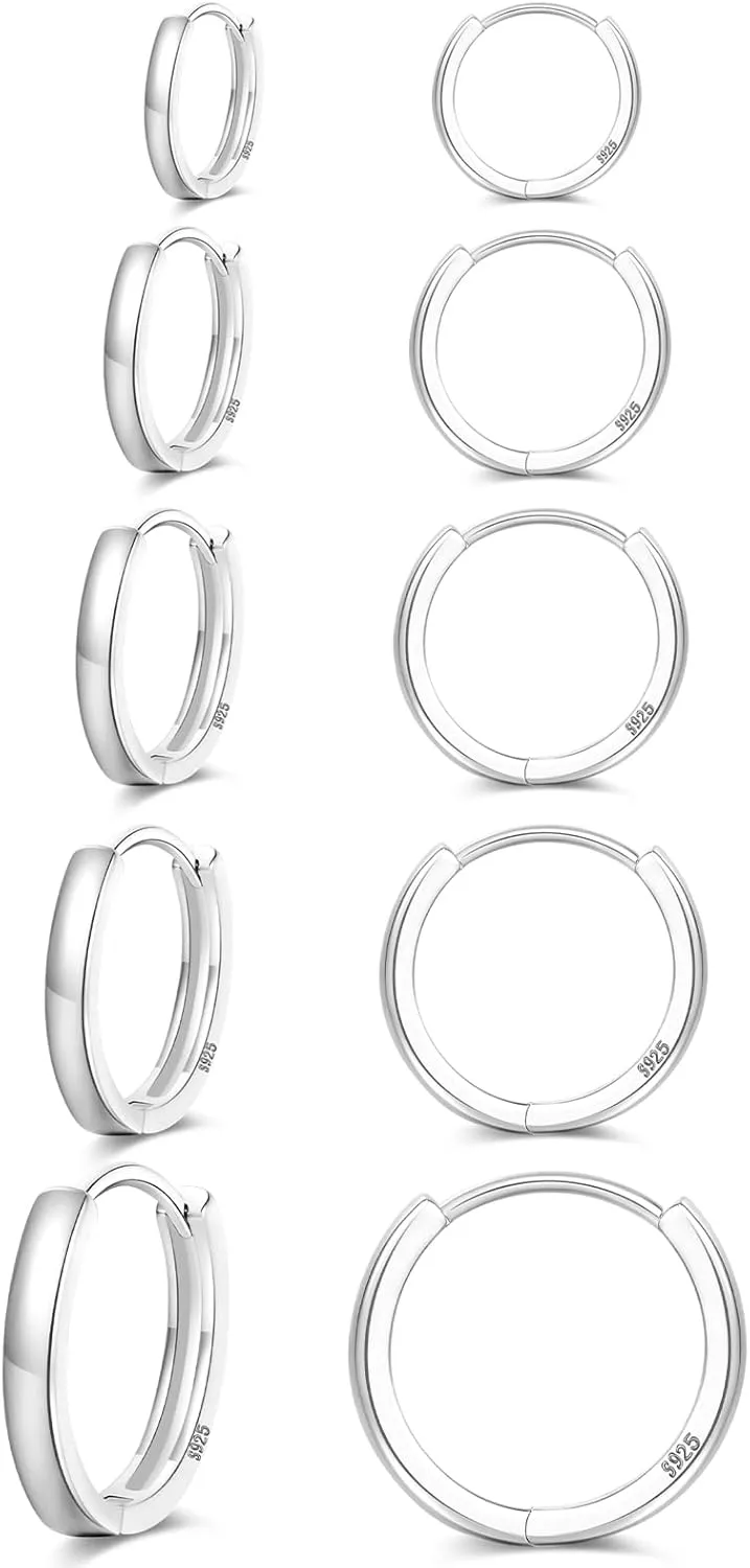 Senteria 925 Sterling Silver Plated Hoop Earring 5 Pairs Small Silver Hoop Earrings Hypoallergenic Silver Hoop Earring for Women Cartilage Sleepers Huggie Earrings Sets 8/10/12/14/16mm