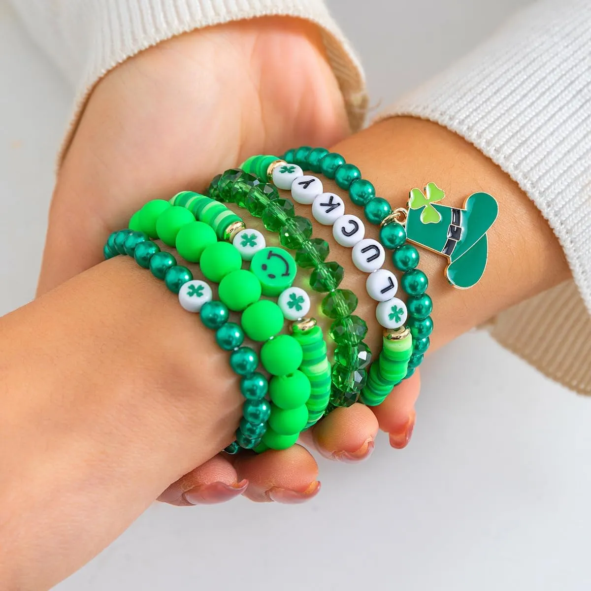 Shamrock Charm Bracelet Set Irish Green Beads Stretch Bracelets St. Patrick's Day Clover Good Luck Jewelry Gifts
