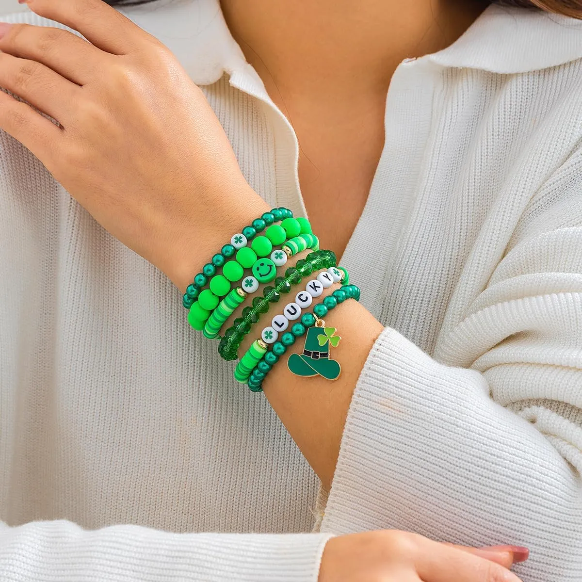 Shamrock Charm Bracelet Set Irish Green Beads Stretch Bracelets St. Patrick's Day Clover Good Luck Jewelry Gifts