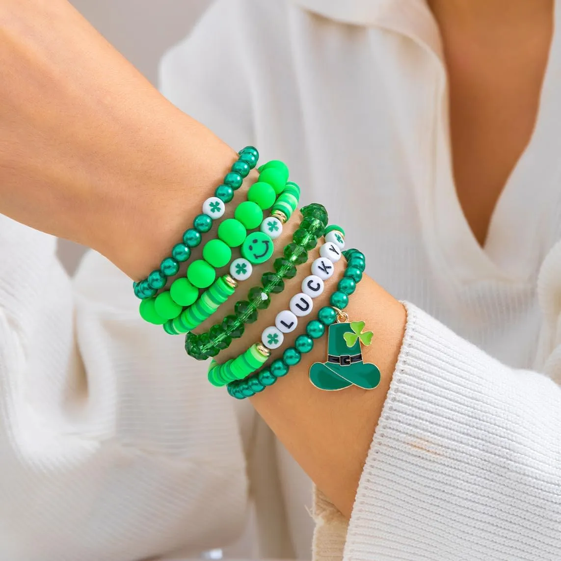Shamrock Charm Bracelet Set Irish Green Beads Stretch Bracelets St. Patrick's Day Clover Good Luck Jewelry Gifts