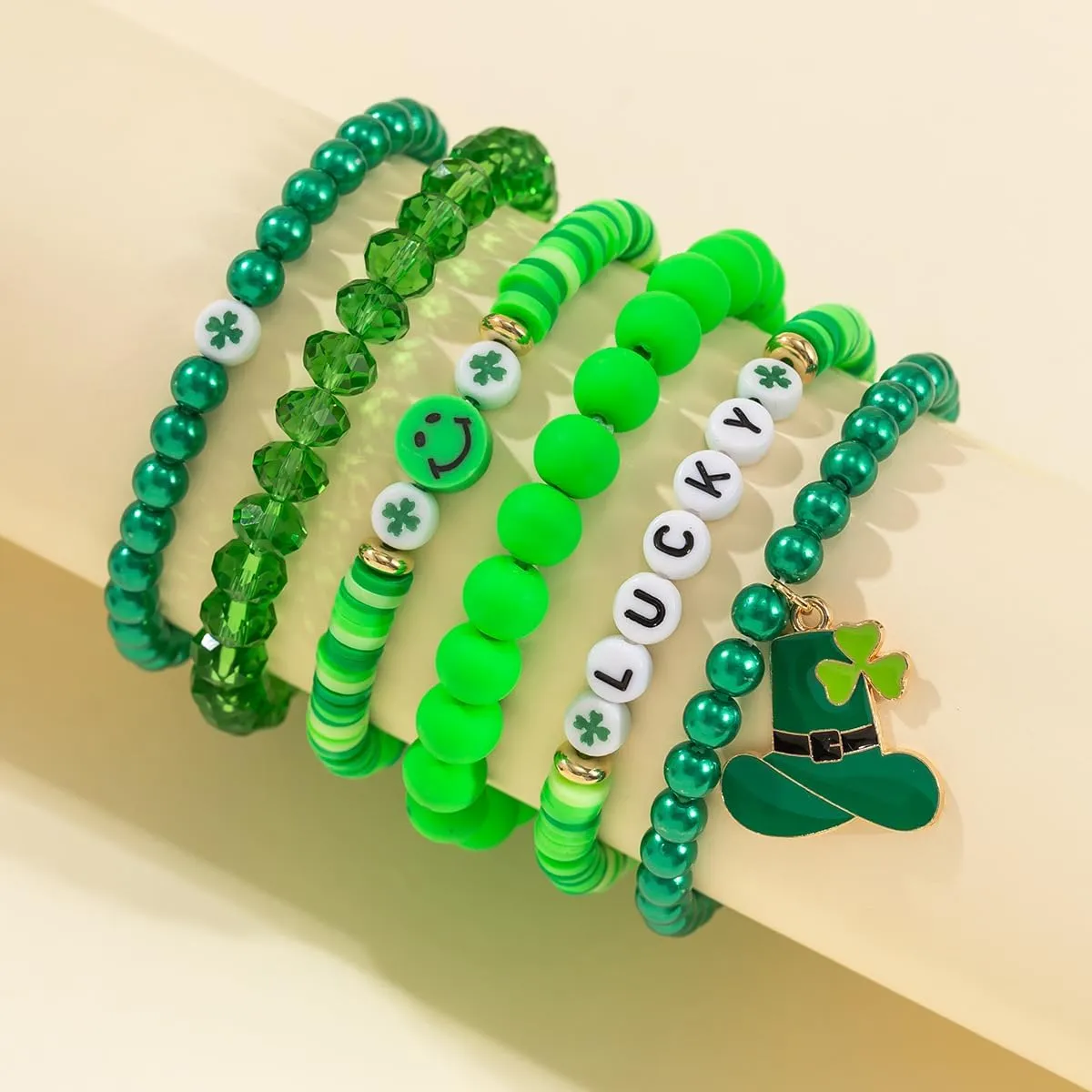 Shamrock Charm Bracelet Set Irish Green Beads Stretch Bracelets St. Patrick's Day Clover Good Luck Jewelry Gifts
