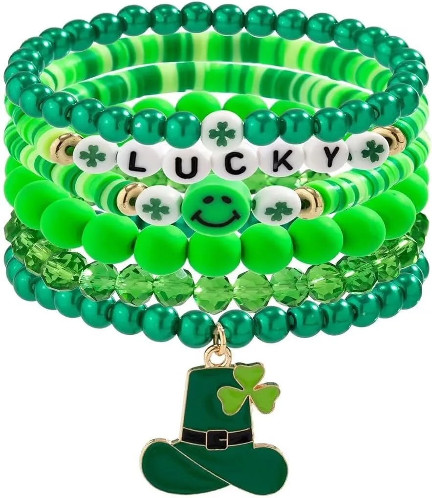 Shamrock Charm Bracelet Set Irish Green Beads Stretch Bracelets St. Patrick's Day Clover Good Luck Jewelry Gifts