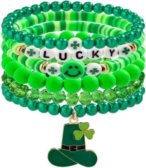 Shamrock Charm Bracelet Set Irish Green Beads Stretch Bracelets St. Patrick's Day Clover Good Luck Jewelry Gifts