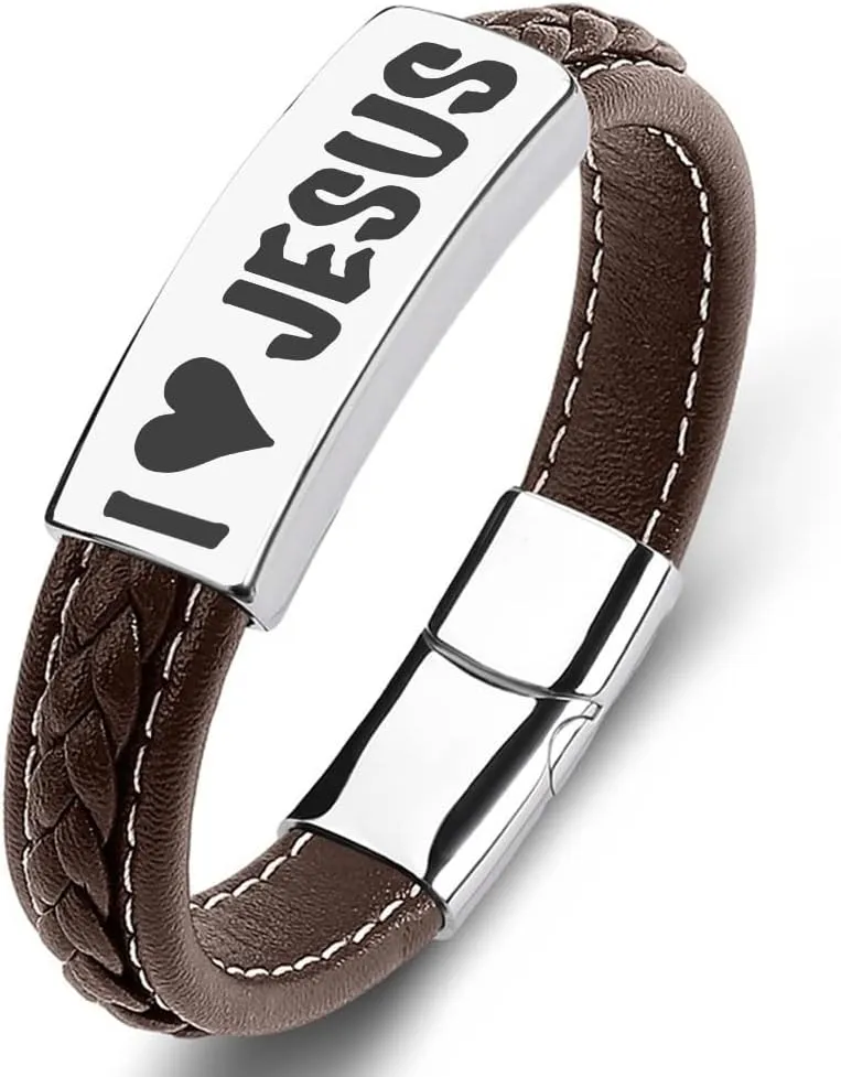 SHNIAN Brown Leather & Silver Stainless Steel Friendship Cuffs Bracelets,Inspirational Motivational Bracelets Christian Prayer for Men and Teens - I You Jesus Wrist Strap, 6.5"/7.28"/7.87"