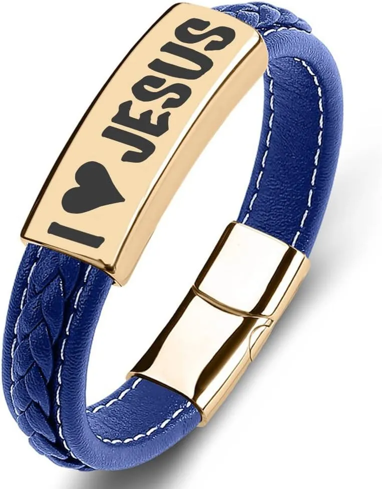 SHNIAN Woven Leather & Stainless Steel Friendship Cuffs Bracelets,Inspirational Motivational Bracelets Christian Prayer for Men and Teens - I You Jesus Wrist Strap, 6.5"/7.28"/7.87"