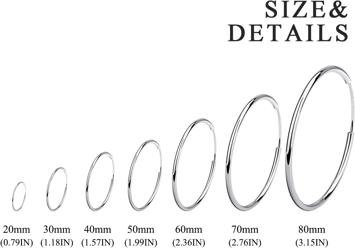 Silver Hoop Earrings Sterling Silver Circle Endless Big Earrings Hoops Jewelry,Fashion Gold Hoop Earring for Women,Daimeter 20,30,40,50,60,70,80mm