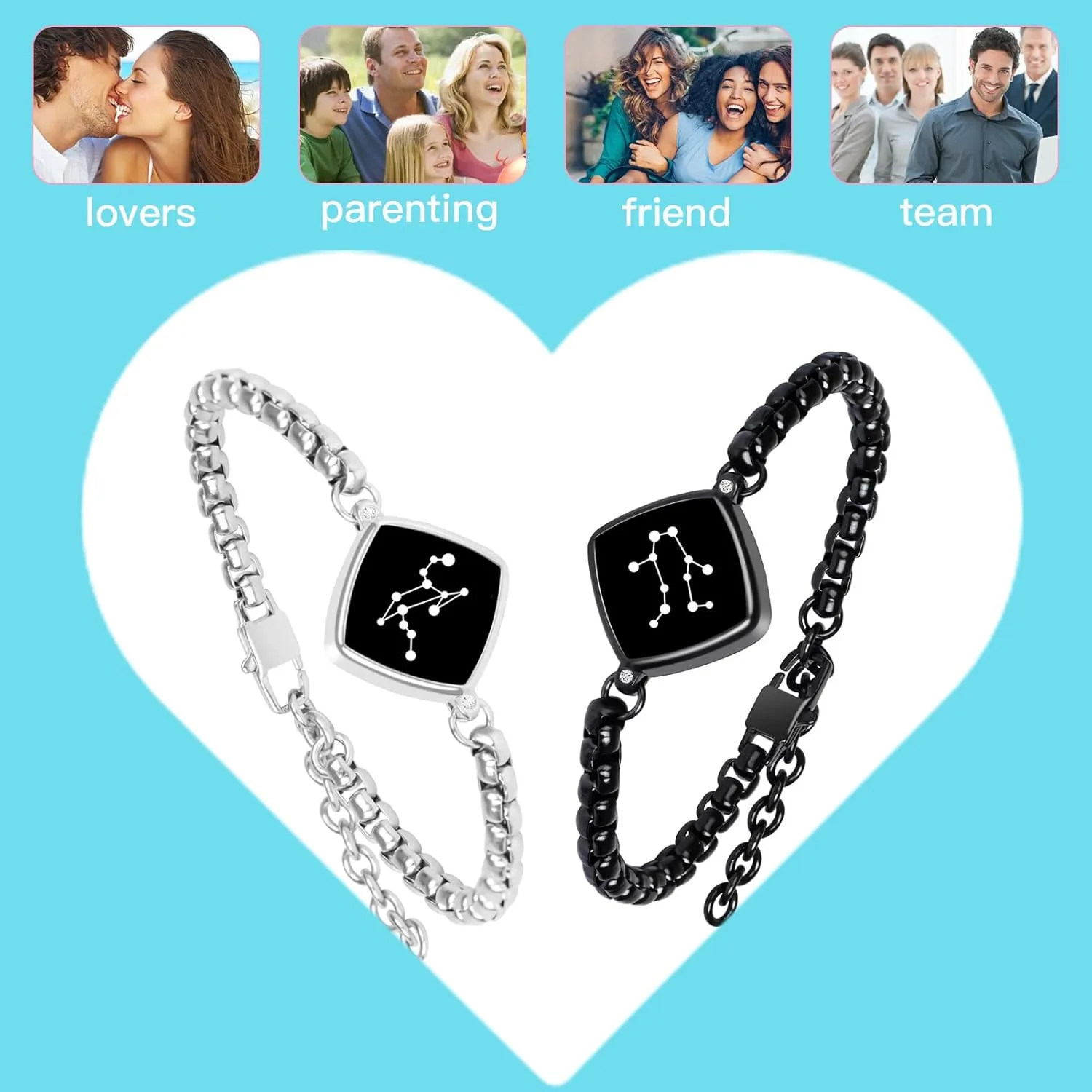 Single Bracelet Long Distance Touch Bracelets Jewelry, Remote Smart Love Bracelet,Send SOS SMS Relationship Bracelets constellations for Couples Lovers Friends Valentine's Day Gifts Black / Silver