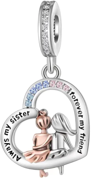 Sisters Love Heart Dangle Charm Cubic Zirconia Bead for Pandora Bracelet Women Gift
