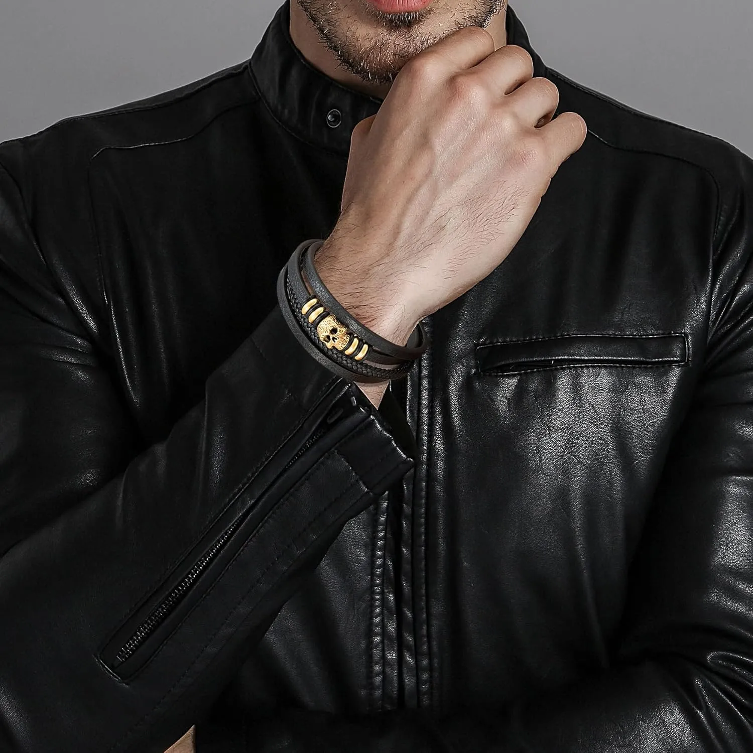 Skull Leather Bracelet for Men Multi-Layer Black Leather Braided Rope Cuff Bracelets Halloween Christmas Skeleton Accessories Jewelry, 8.27inch