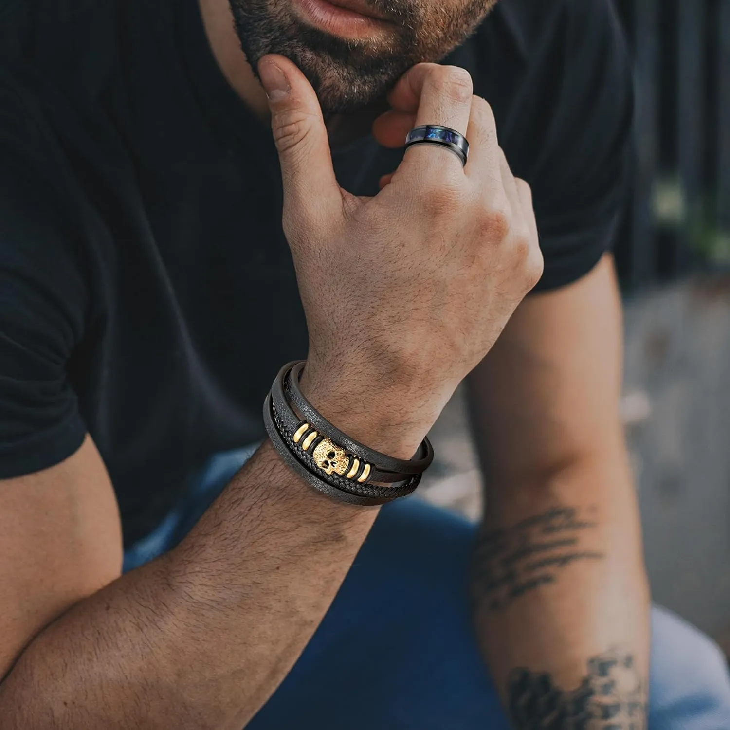 Skull Leather Bracelet for Men Multi-Layer Black Leather Braided Rope Cuff Bracelets Halloween Christmas Skeleton Accessories Jewelry, 8.27inch