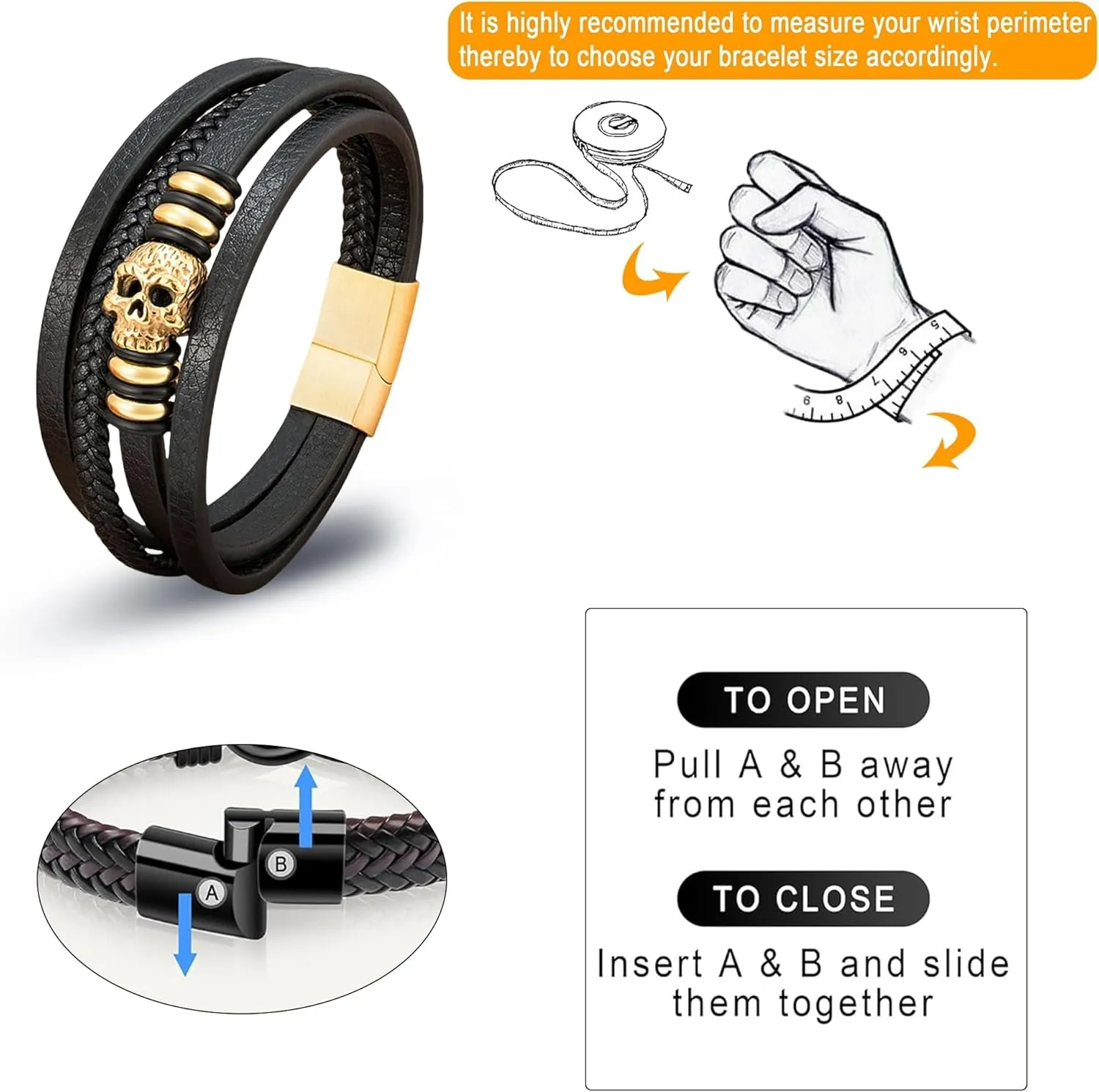 Skull Leather Bracelet for Men Multi-Layer Black Leather Braided Rope Cuff Bracelets Halloween Christmas Skeleton Accessories Jewelry, 8.27inch