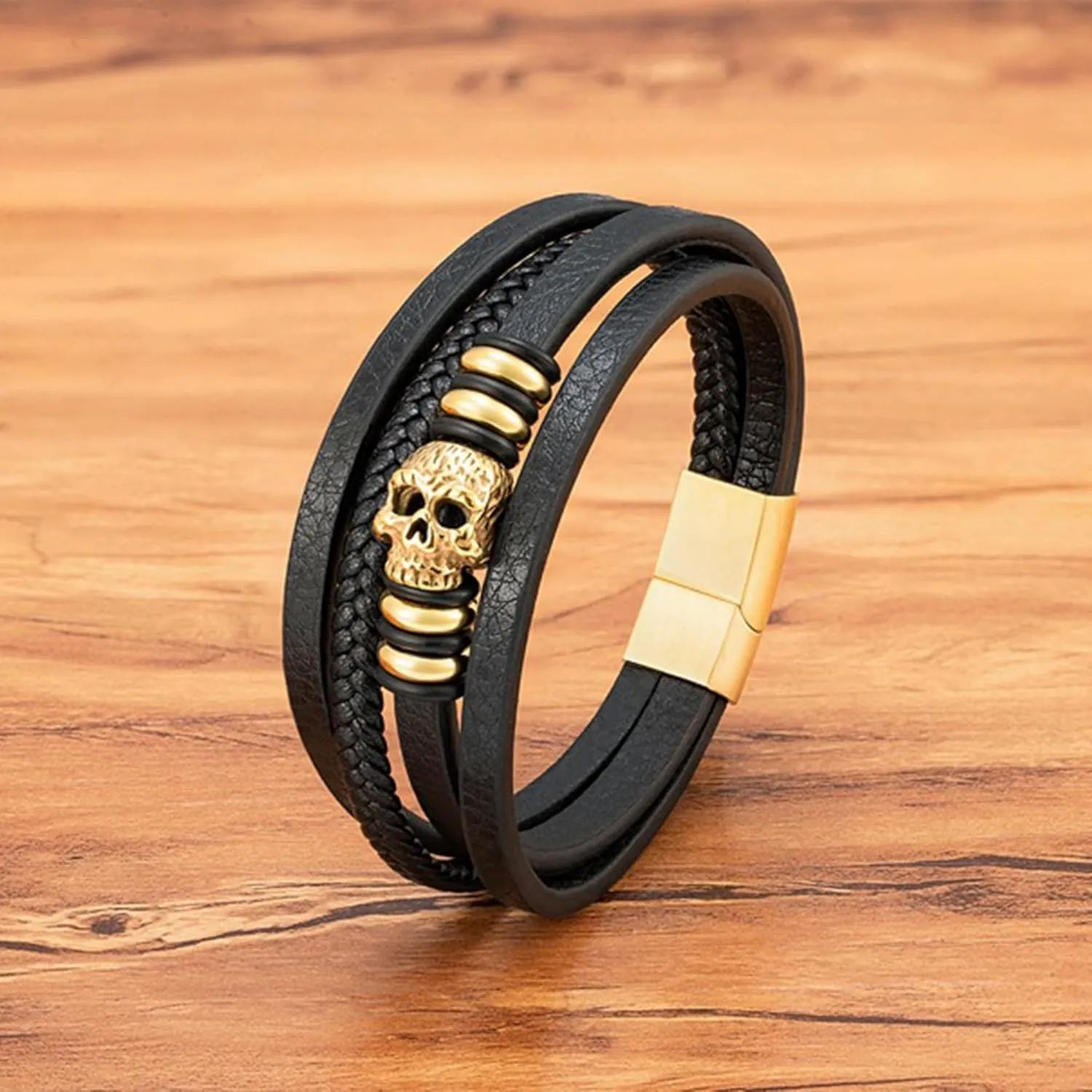 Skull Leather Bracelet for Men Multi-Layer Black Leather Braided Rope Cuff Bracelets Halloween Christmas Skeleton Accessories Jewelry, 8.27inch