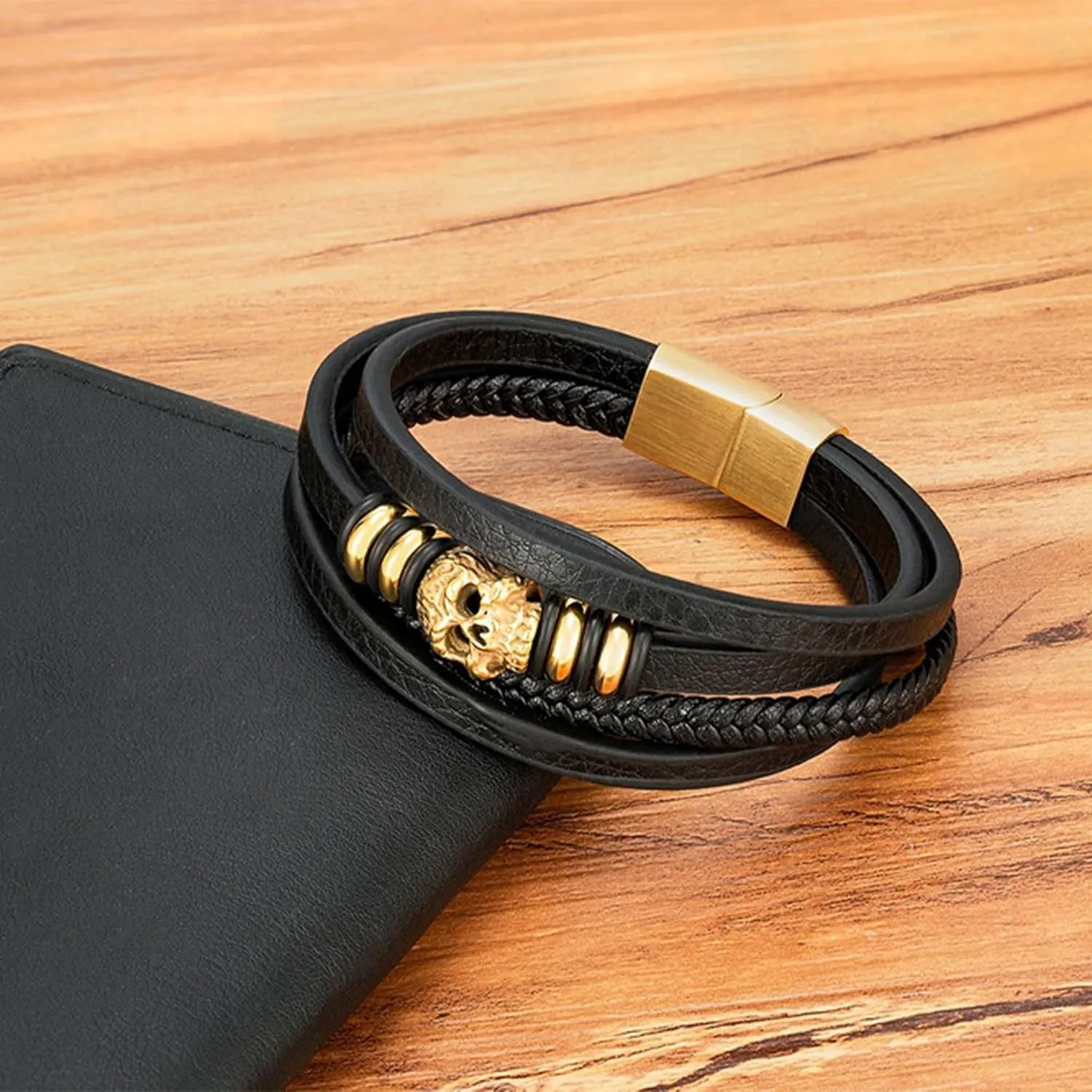 Skull Leather Bracelet for Men Multi-Layer Black Leather Braided Rope Cuff Bracelets Halloween Christmas Skeleton Accessories Jewelry, 8.27inch