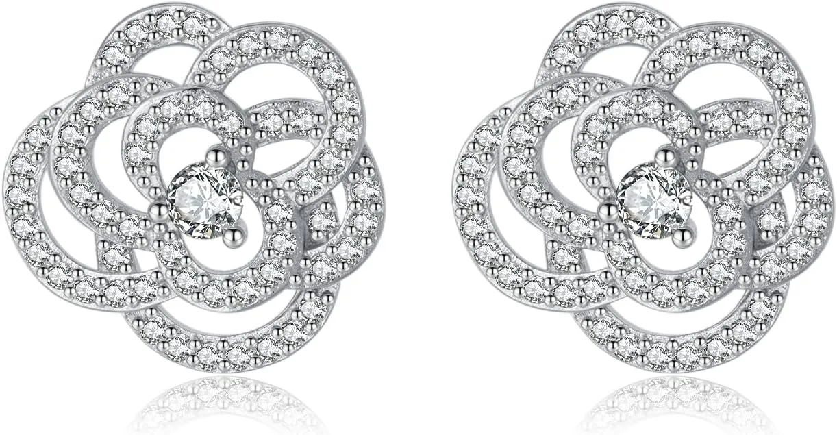 SLUYNZ Solid 925 Sterling Silver CZ Flower Wedding Earrings Stud for Women Teens 1.5CM Camellia Flower Stud Earrings Bridal