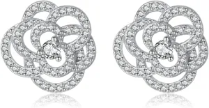 SLUYNZ Solid 925 Sterling Silver CZ Flower Wedding Earrings Stud for Women Teens 1.5CM Camellia Flower Stud Earrings Bridal
