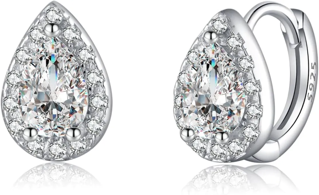 SLUYNZ Solid 925 Sterling Silver CZ Teardrop Hoop Earrings for Women Teens Waterdrop Hoop Earrings Huggie