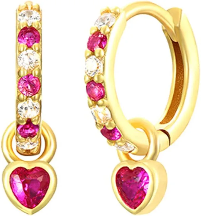 Small Gold Huggie Hoop Earrings For Women, Emerald Green Earrings With Green Heart Drop Gold Plated Hoop Earrings, Hypoallergenic Cubic Zirconia Dangle Green Jewelry For Girls
