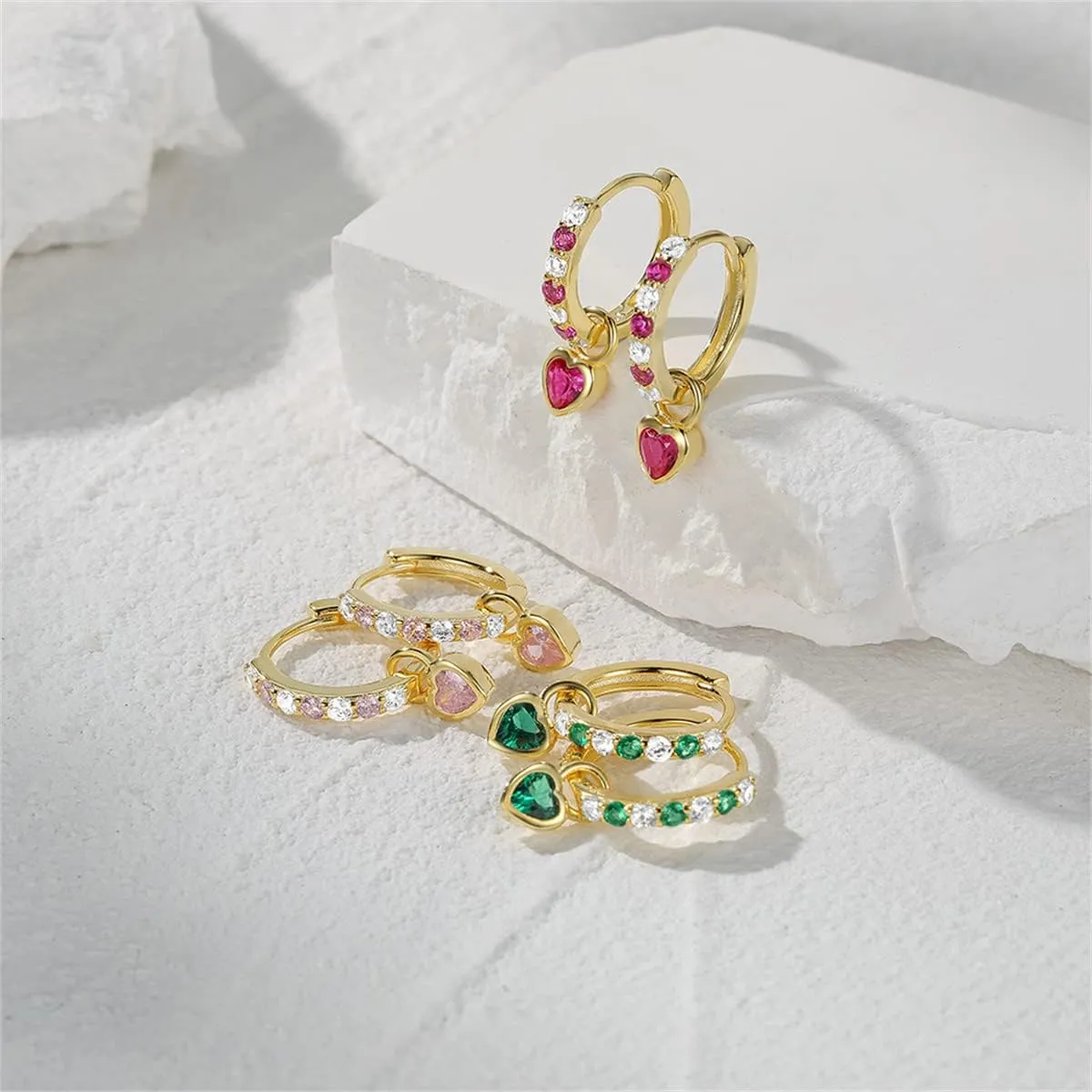 Small Gold Huggie Hoop Earrings For Women, Emerald Green Earrings With Green Heart Drop Gold Plated Hoop Earrings, Hypoallergenic Cubic Zirconia Dangle Green Jewelry For Girls