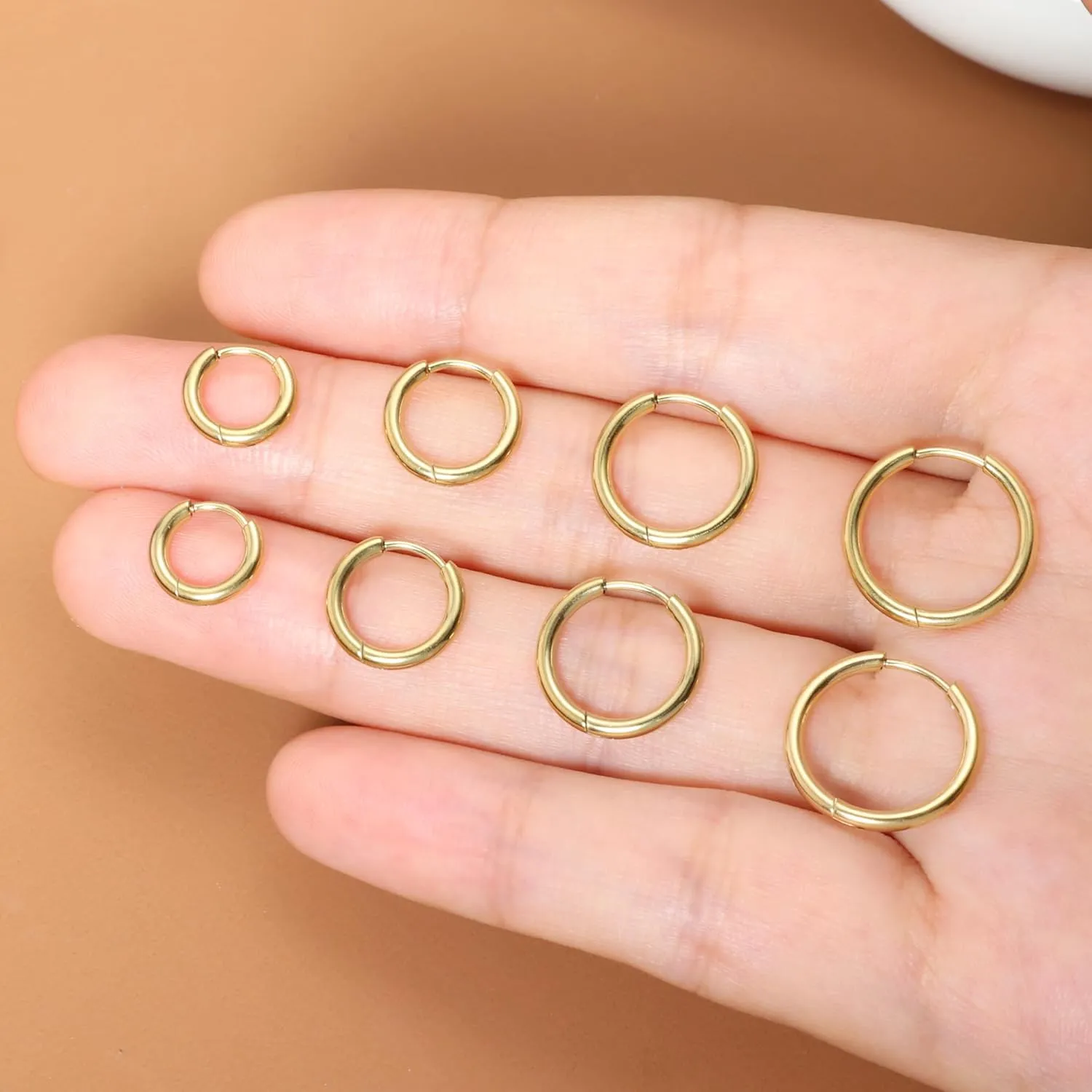 Small Hoop Earrings for Women Men 14k Real Gold Plated Huggie Hoop Earrings for Cartilage Helix Hypoallergenic Surgical Stainless Steel Earrings 6/8/10/12mm Thin Gold Hoops Set for Girls (1.6mm)