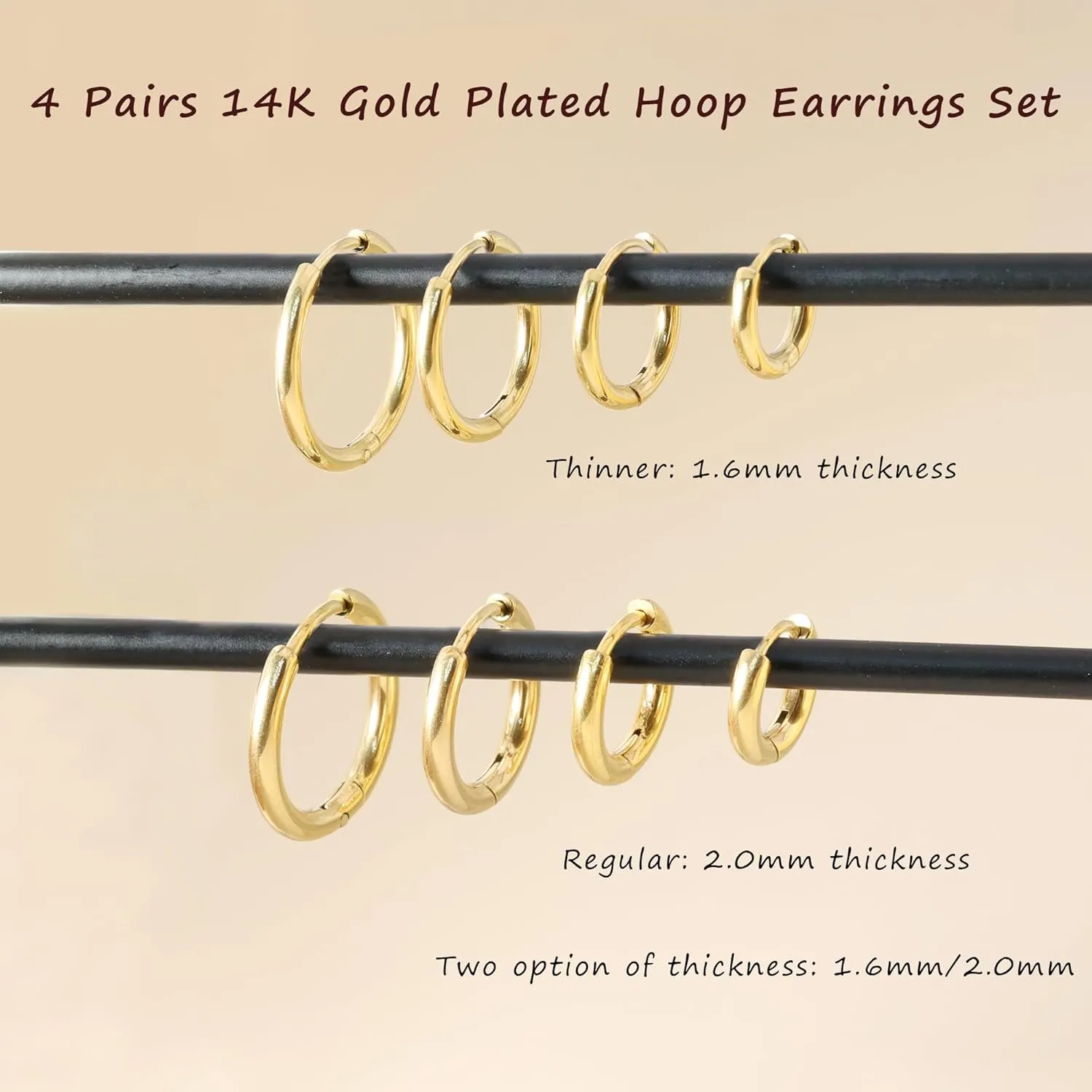 Small Hoop Earrings for Women Men 14k Real Gold Plated Huggie Hoop Earrings for Cartilage Helix Hypoallergenic Surgical Stainless Steel Earrings 6/8/10/12mm Thin Gold Hoops Set for Girls (1.6mm)