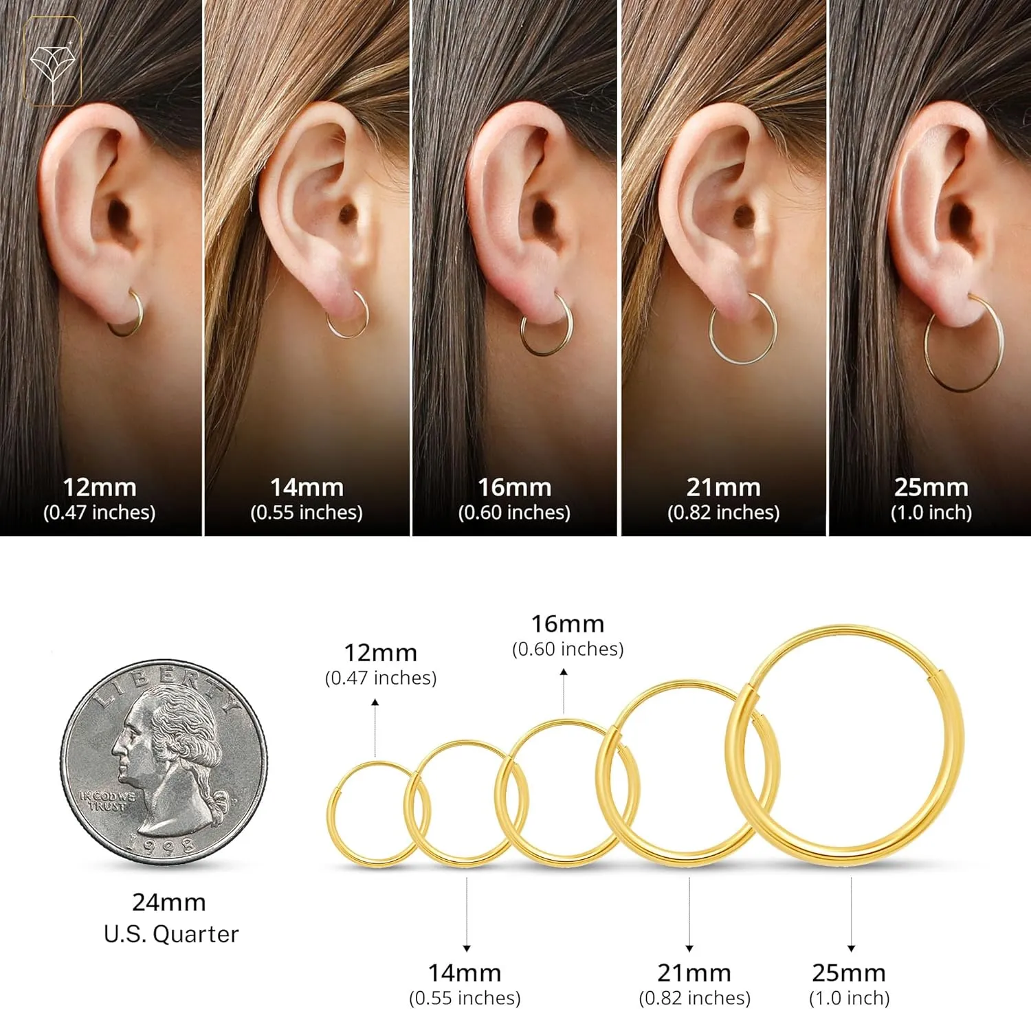 Solid 14k Gold Hoop Earrings for Women | 1mm Tube Yellow Gold Hoop Earrings 14k Real Gold | Flex Continuous Hoop Gold Earrings