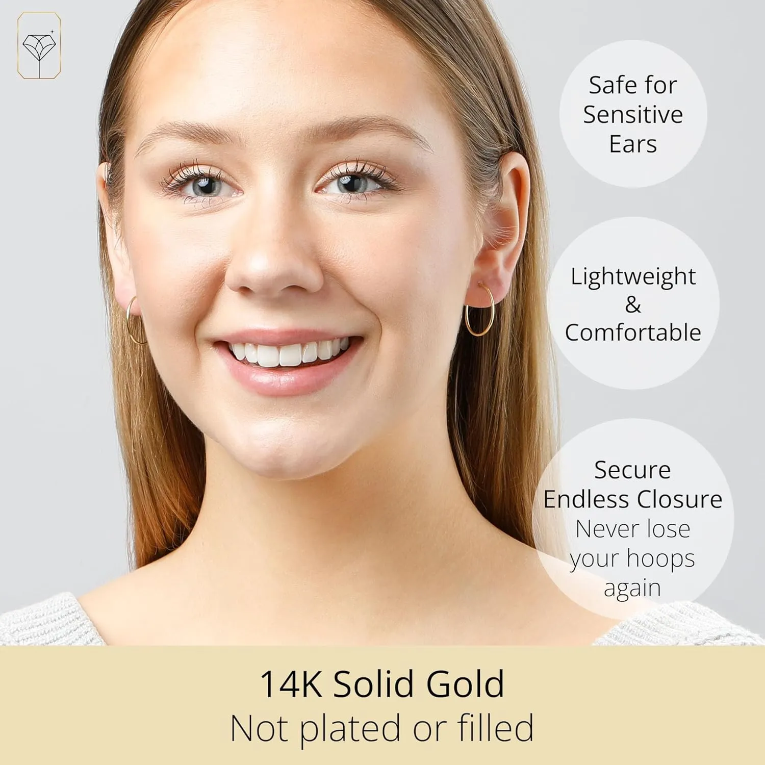 Solid 14k Gold Hoop Earrings for Women | 1mm Tube Yellow Gold Hoop Earrings 14k Real Gold | Flex Continuous Hoop Gold Earrings
