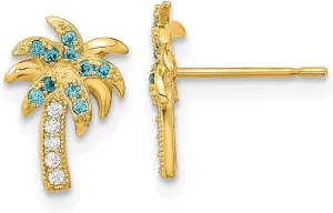 Solid Real 14k Yellow Gold Blue and Clear CZ Cubic Zirconia Palm Tree Post Studs Earrings - 11mm x 7mm