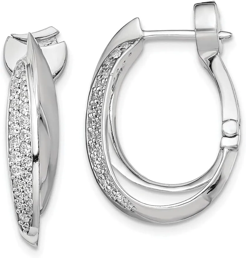Solid Real 925 Sterling Silver CZ Cubic Zirconia Hinged Oval Double Hoop Dangle E Earrings - 24mm x 16mm