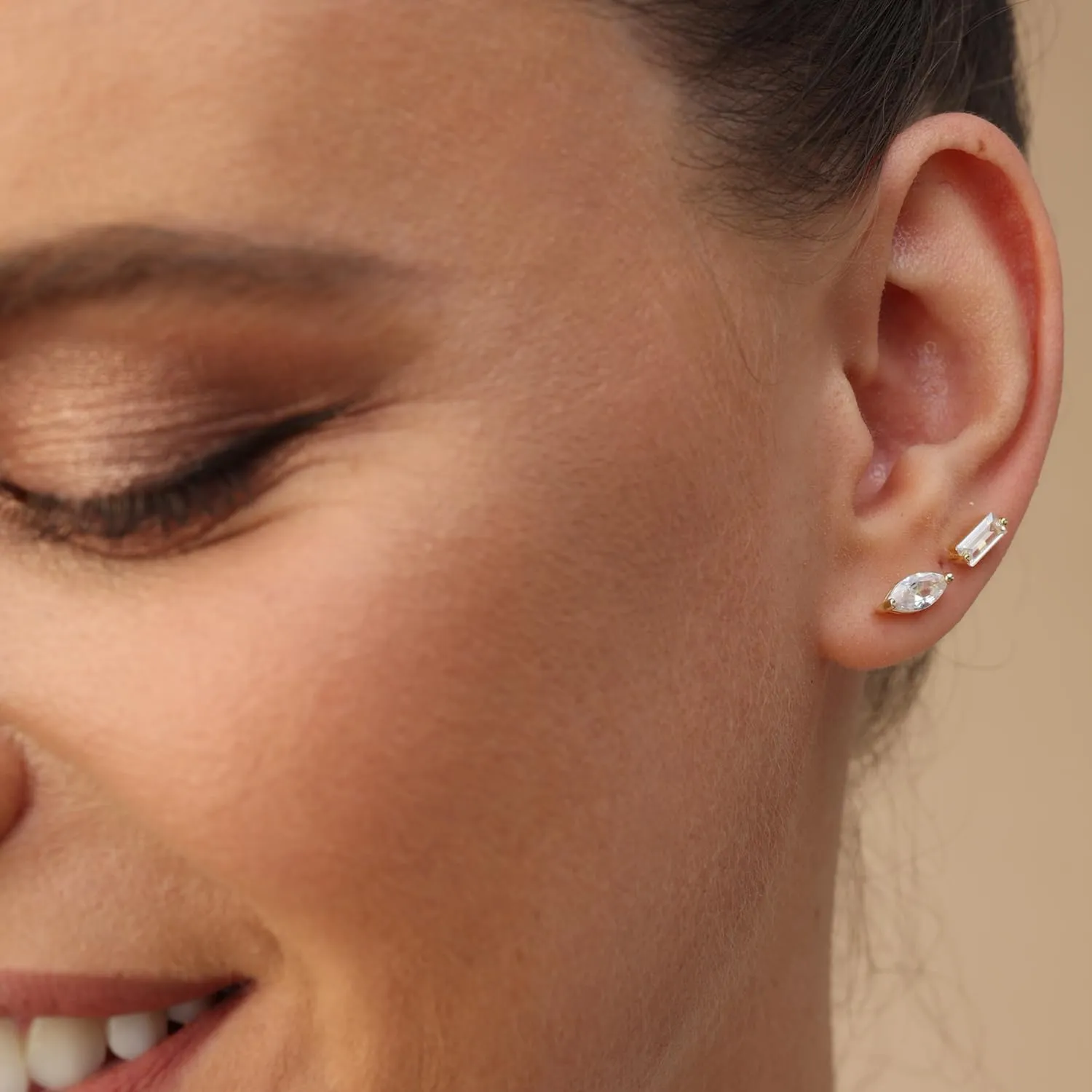 Solitaire Stud Earrings For Women, Baguette Cut White Cubic Zirconia Moissanite Or Lab Grown Diamond Ear Studs Push Back Earrings In 14K Gold Over Sterling Silver
