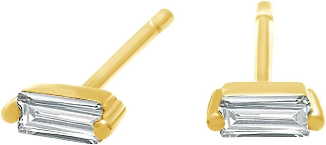 Solitaire Stud Earrings For Women, Baguette Cut White Cubic Zirconia Moissanite Or Lab Grown Diamond Ear Studs Push Back Earrings In 14K Gold Over Sterling Silver