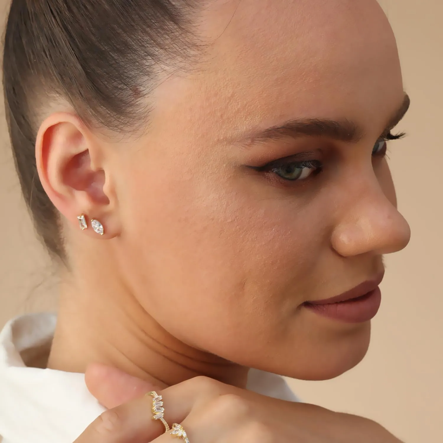 Solitaire Stud Earrings For Women, Baguette Cut White Cubic Zirconia Moissanite Or Lab Grown Diamond Ear Studs Push Back Earrings In 14K Gold Over Sterling Silver