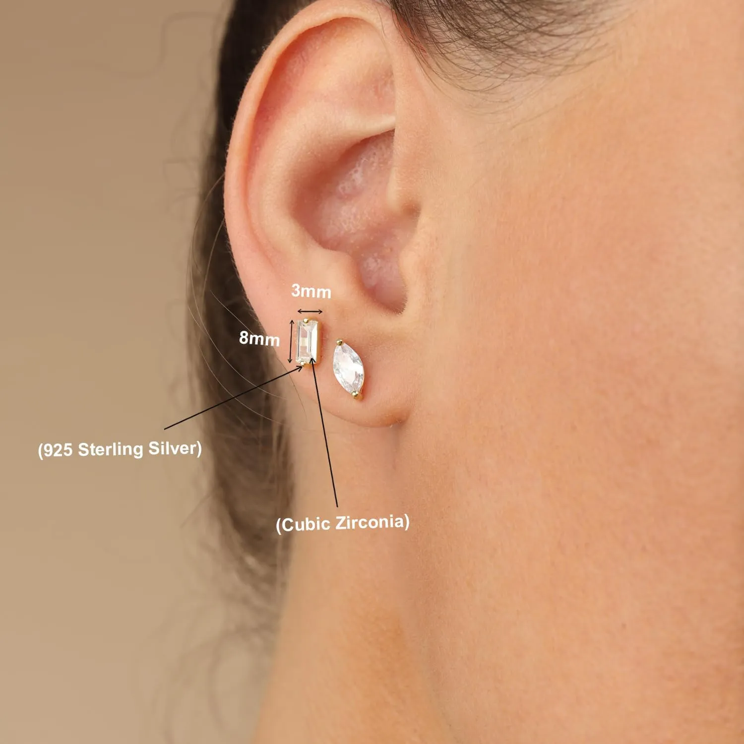 Solitaire Stud Earrings For Women, Baguette Cut White Cubic Zirconia Moissanite Or Lab Grown Diamond Ear Studs Push Back Earrings In 14K Gold Over Sterling Silver