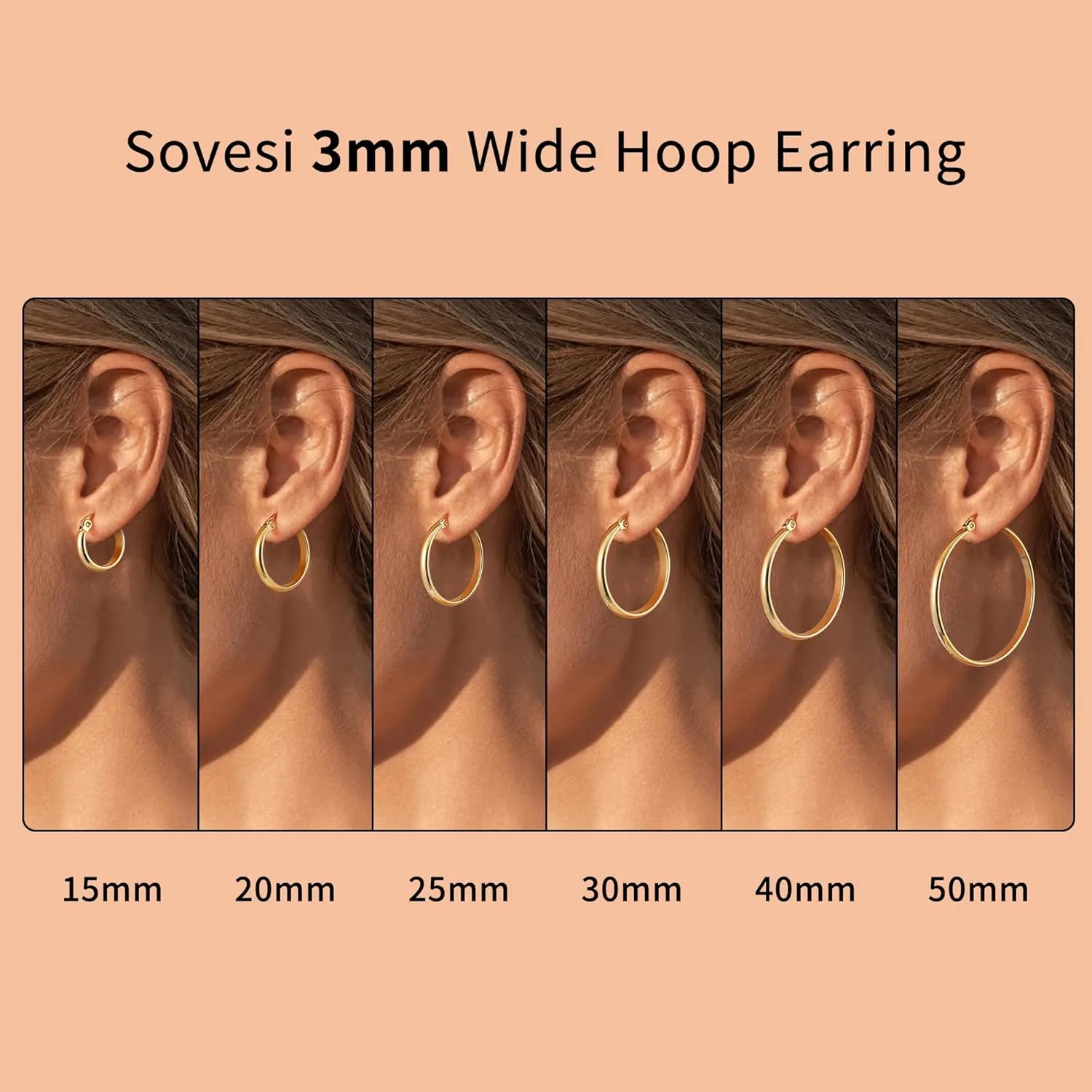 sovesi 3mm Wide Gold Hoop Earrings for Women, 14K Gold Plated Hoop Earrings, Hypoallergenic Gold Hoops.