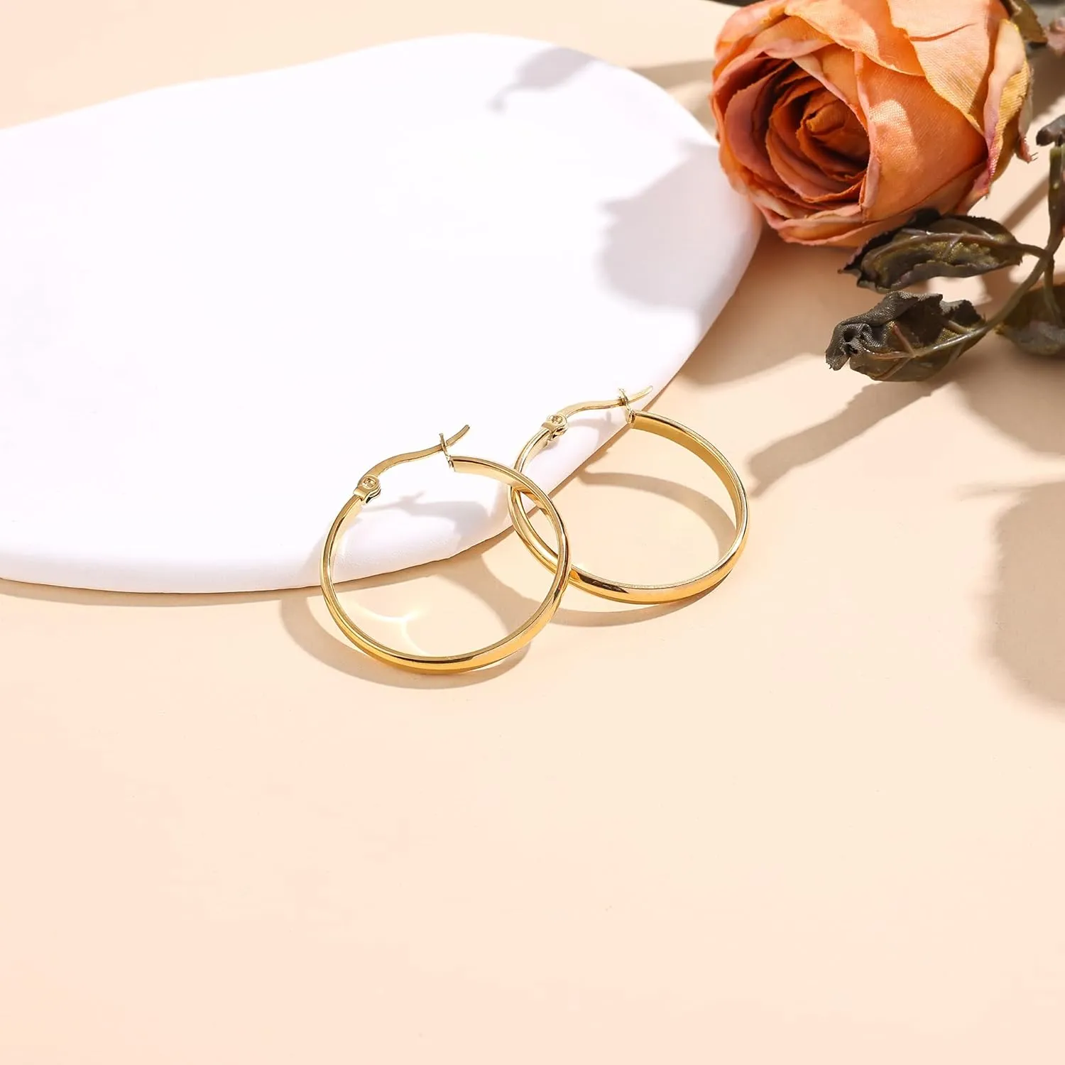 sovesi 3mm Wide Gold Hoop Earrings for Women, 14K Gold Plated Hoop Earrings, Hypoallergenic Gold Hoops.
