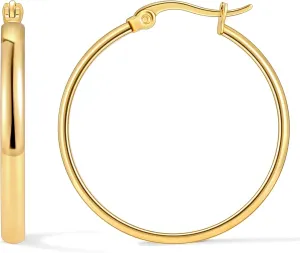 sovesi 3mm Wide Gold Hoop Earrings for Women, 14K Gold Plated Hoop Earrings, Hypoallergenic Gold Hoops.
