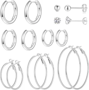 Stainless Steel Gold/Silver Plated Hoop Earrings for Women, Hypoallergenic 14k Gold Hoops Huggie Earrings Lightweight Cartilage Small CZ Ball Flatback Studs Earring Pack for Multiple Piercing