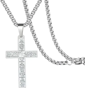Stainless Steel Mens Womens Cross Necklace Lord's Prayer Pendant Jesus Christian Crucifix Bible Verse Charm Chain Choker Necklaces for Father Mother Easter Gifts