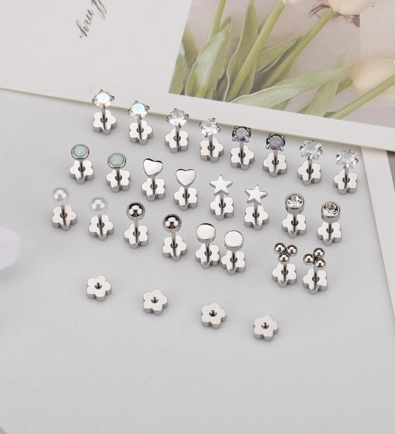 Staligue Surgical Steel Earrings for Women Men Hypoallergenic Flat back Stud Earrings for Sensitive Ears CZ Opal Moon Pearl 20G Flower Back Cartilage Earrings